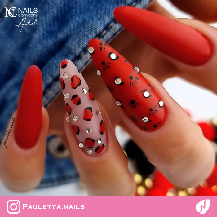 Red Rhinestone Leopard Nails